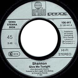 画像3: SHANNON / GIVE ME TONIGHT (7インチMIX) [◎中古レア盤◎お宝！西ドイツ版ジャケ！7"MIX + インスト！]