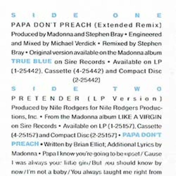 画像2: MADONNA / PAPA DON'T PREACH (米原盤/REMIX) [◎中古レア盤◎お宝！本物のUS原盤！衝撃のフロア圧巻REMIX！] (2)