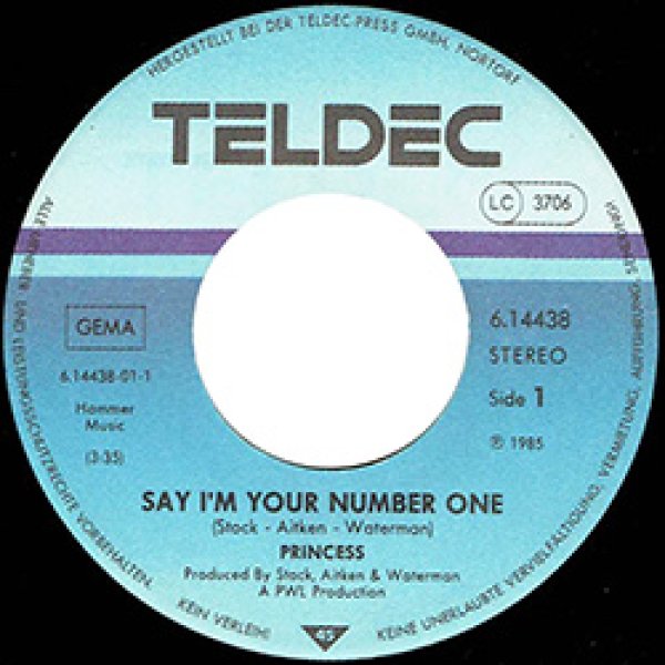 画像2: PRINCESS / SAY I'M YOUR NUMBER ONE (7インチ) [◎中古レア盤◎お宝！ドイツ版ジャケ7"！インスト入り！] (2)